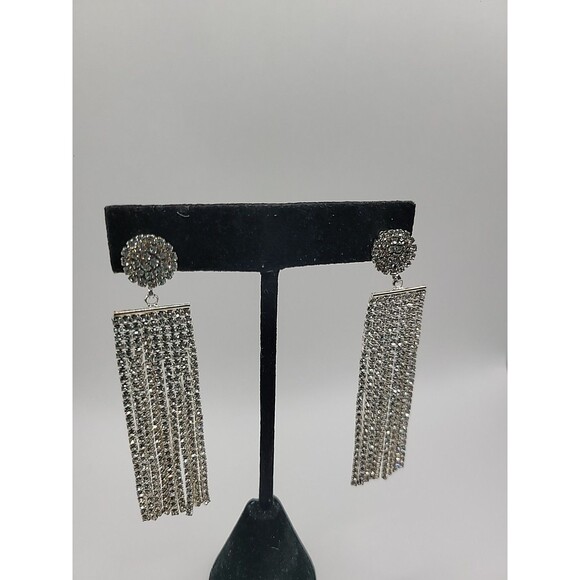 Vintage Silver Tone Rhinestone Tassel Fringe Dangle Earrings Glam Cocktail - Picture 7 of 12